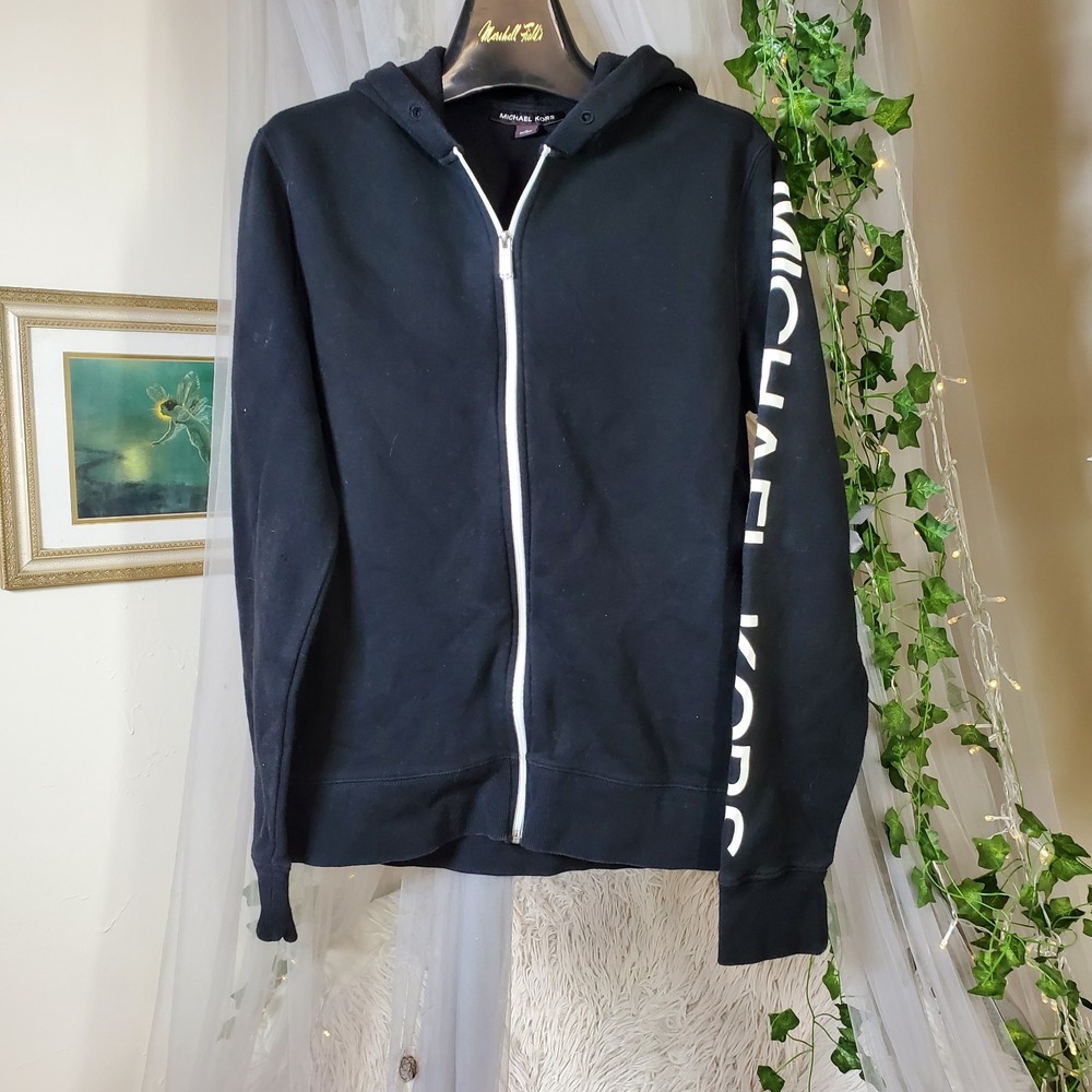 Michael Kors Men's Black Logo Tape Long Sleeve Fleece Zip Hoodie Sweater Size M